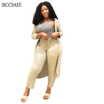 

Long Pants Suits Casual Outfits Sweat Suit Maxi Cardigan Long Sleeve Knitted Two Piece Set Grey Matching Sets Loose Capes Loose