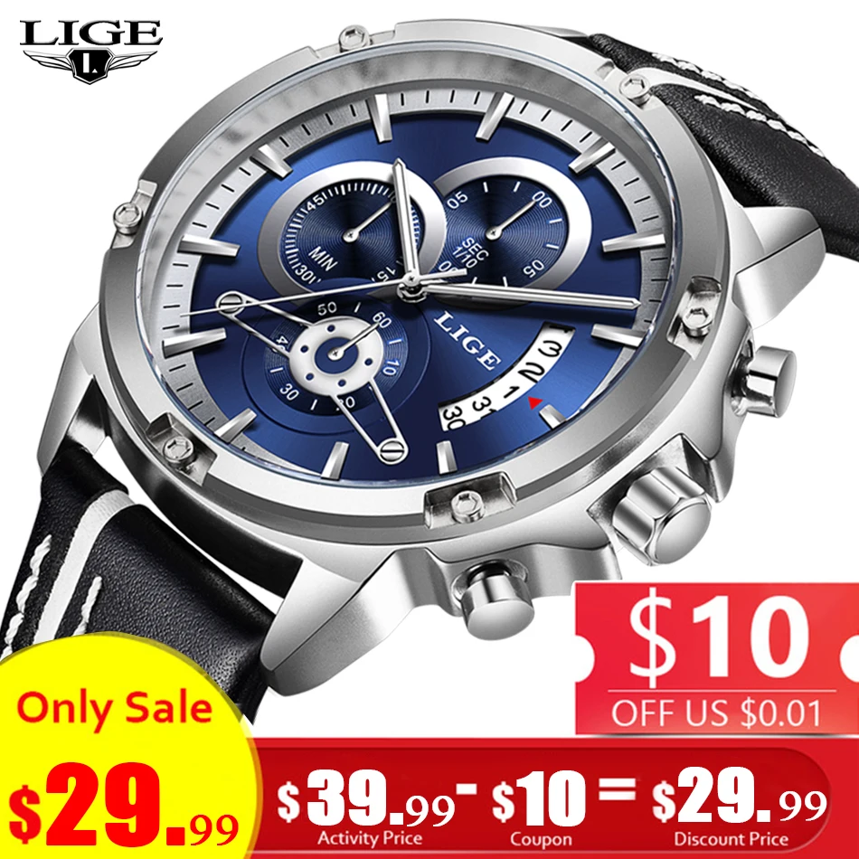 

LIGE Mens Watches Top Brand Luxury Military Sport Watch Men Leather Waterproof Wristwatch Quartz Clock Orologio Uomo+10 Coupon
