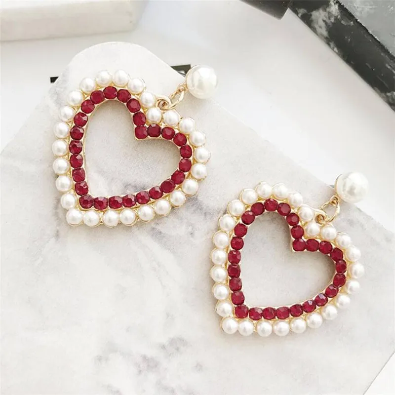 XIAO YOUNG Fashion Heart Drop Earrings Jewelry For Women New Trendy Simulated Pearl Rhinestone Wedding Long Earrings Gift