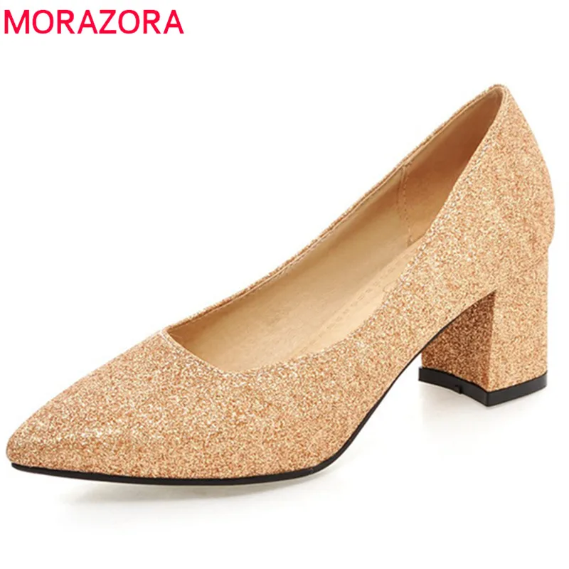 

MORAZORA 2019 unique fashion women pumps square high heels shoes shallow slip on spring summer shoes wedding shoes woman
