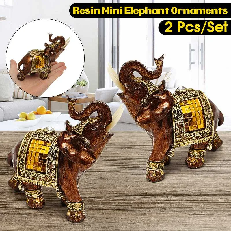 2Pcs Resin Feng Shui 4.7 Inch Elegant Elephant Trunk Statue Wealth Lucky Figurine Ornate Figurine Crafts Ornaments Gift