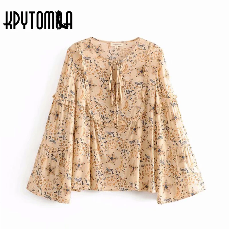 Najtaniej Boho Vintage Floral Print Ruffles Topy Kobiety Bluzki 2018 New Moda V Neck Flare Rękawem Panie Koszule Casual Femme Blusas