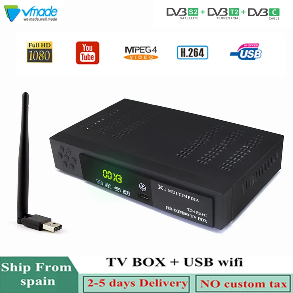 

Vmade Newest Fully HD DVB T2 S2 DVB-C Terrestrial Satellite Combo TV Receiver H.264 HD 1080p Support AC3 DVB T2 S2 TV Box + WIFI