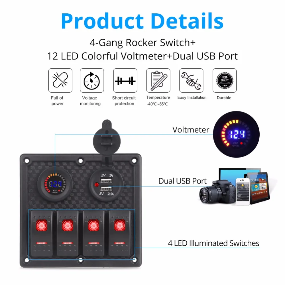 Двойной USB зарядное устройство розетка Автомобильная лодка кулисный переключатель панель Цифровой вольтметр автомобильный переключатель Панель Светодиодный переключатель USB морской переключатель панель