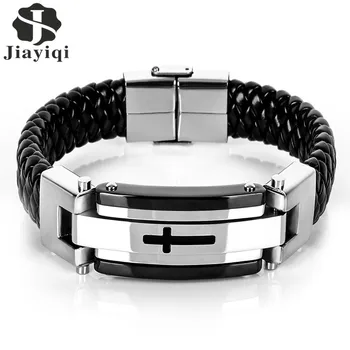 

Jiayiqi Punk Cross Stainless Steel Braided Cuff Leather Bracelets Men Woven Bangle For Men Jewelry Christmas Gift 2016
