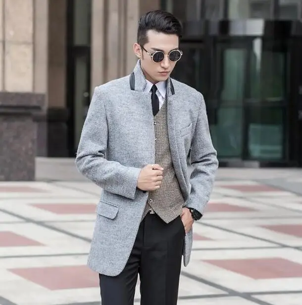 Stand collar grey winter wool coat mens trench coats slim