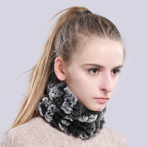 Women Real Fur Handmade Stretch Fur Scarf Knit Genuine Rex Rabbit Fur Headbands Girls Natural Fur Ring Cowl Snood Scarves Winter - Color: color 44