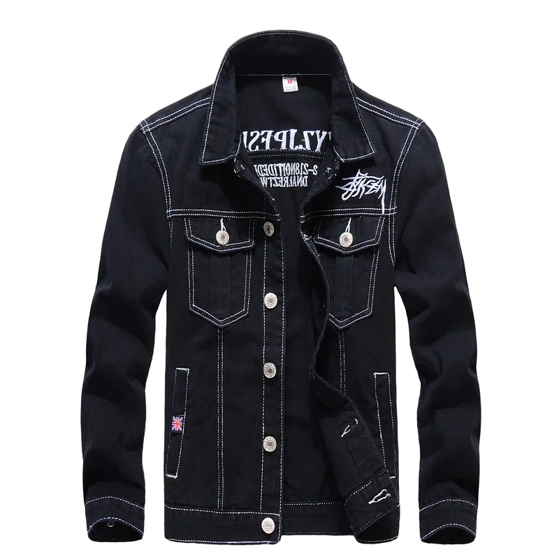 Tsingyi Embroidery Letter Black Denim Jacket Men Turn down Collar Long