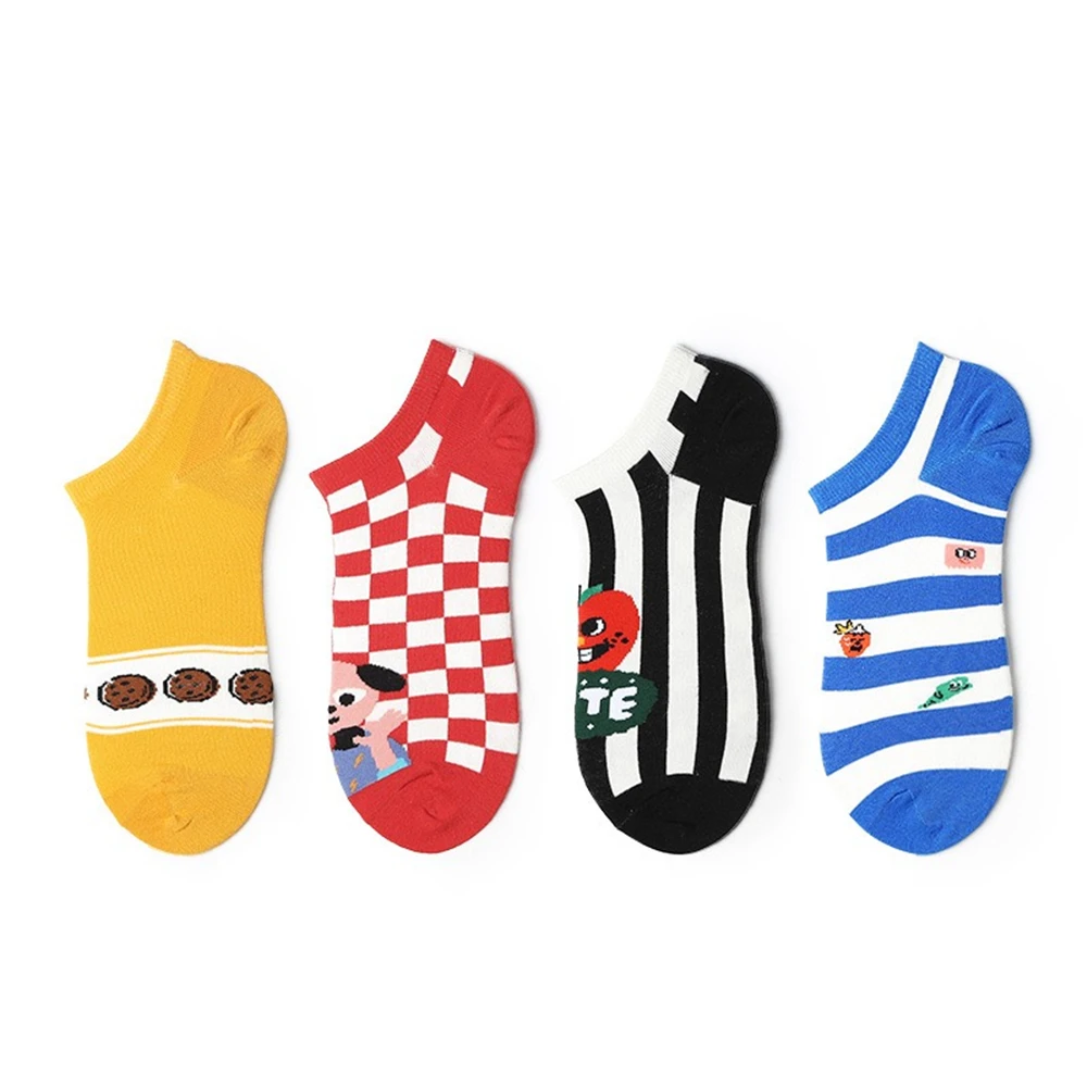

Spring summer cartoon invisible socks ladies art home plaid striped pattern print fun cute happy casual shallow mouth boat socks