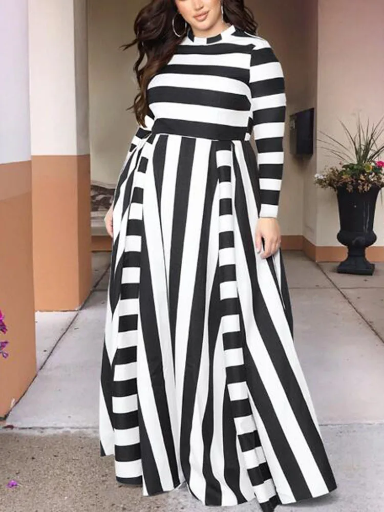 

long sleeve dress 2019 spring summer women casual striped print a-line 3XL 4XL 5XL plus size party dress vestidos