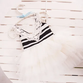 

2016 new design black white stripe patchwork tulle layered dress with lace 5pcs/lot wholesale