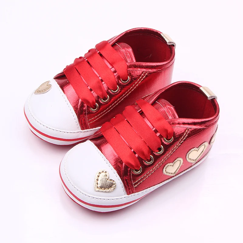 Spring Autumn Patent Leather Heart Shaped TPR Sole Riband Toddler Baby
