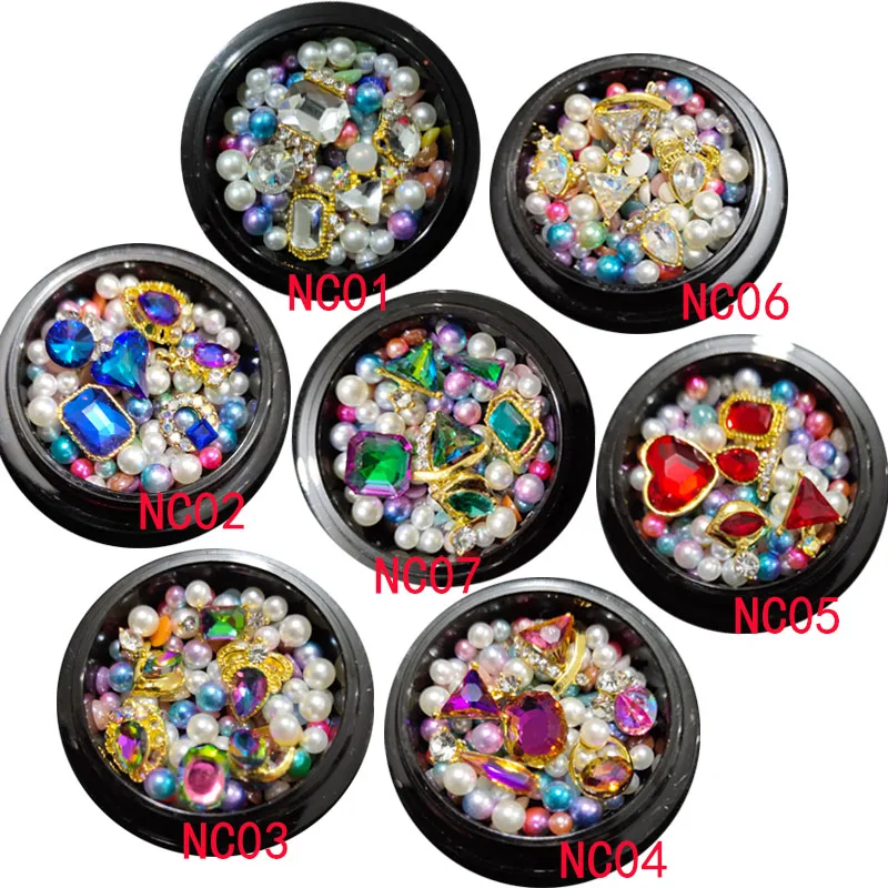 

1 Box Mixed Colorful Metal Rhinestones For Nails 3D Rainbow Round Pearl For Nail Art Decorations Diy Design Manicure Diamonds