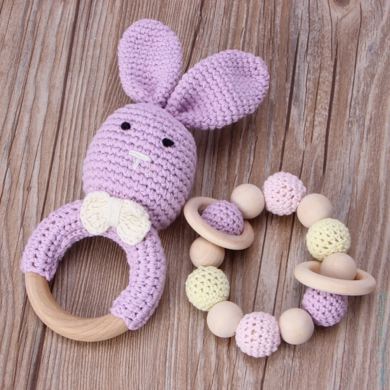 

2Pcs/Set Baby Wooden Teether Bracelet Crochet Bunny Teething Ring Chewing Toy Drop Shipping