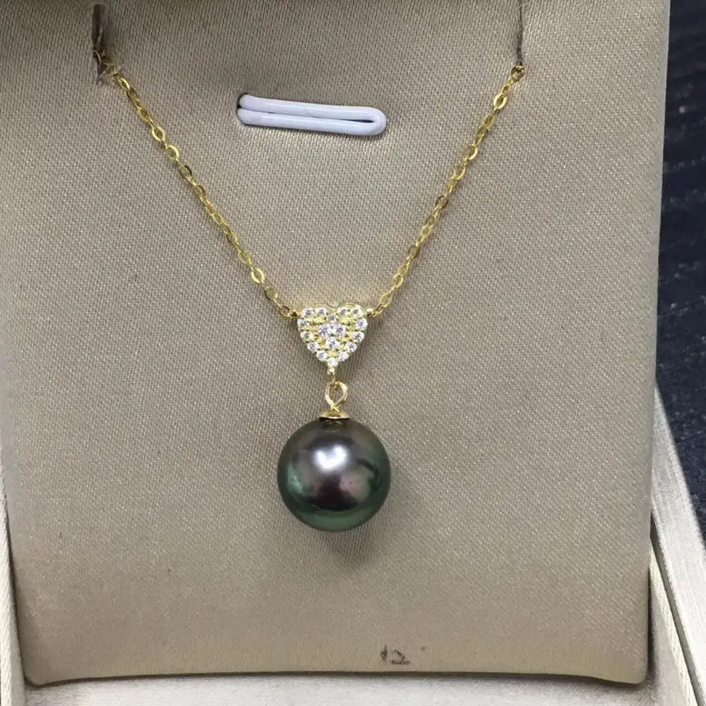 Потрясающий 10-11 мм круглый черный зеленый жемчуг necklace18k