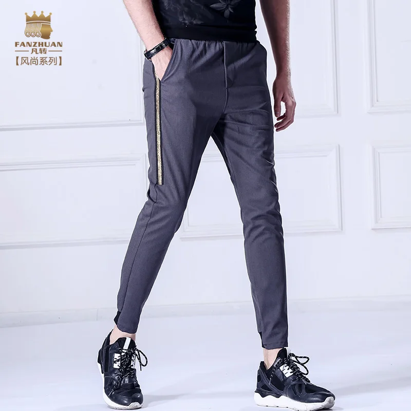 

Fanzhuan 2017 Free Shipping New Male fashion casual men's Slim Pencil cropped pants trousers 818072 Elastic mid waist stripe
