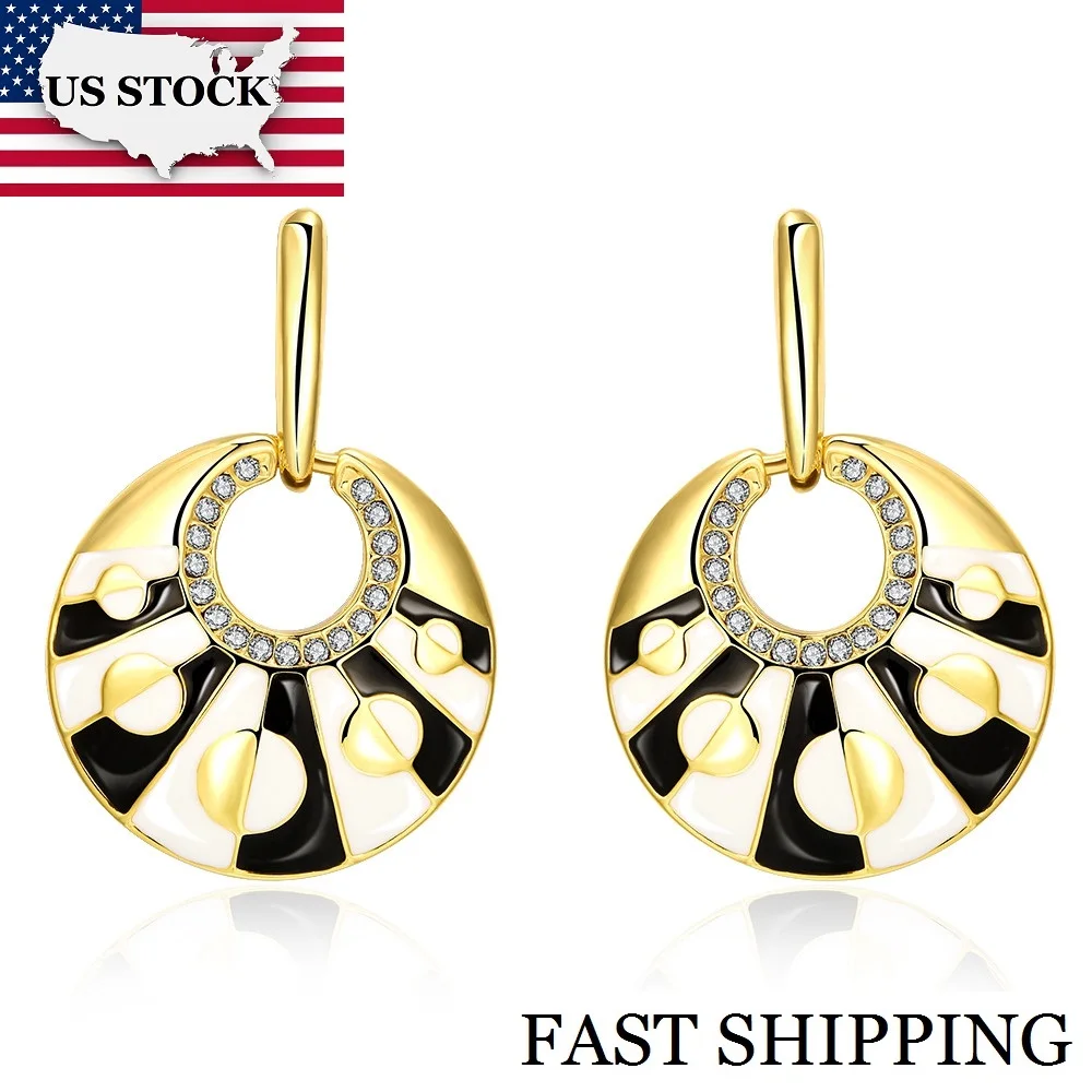 

USA STOCK Uloveido Round Enamel Earrings for Women Black and White Stud Earring Woman Gold Color Earrings Jewelry 5% PE1081