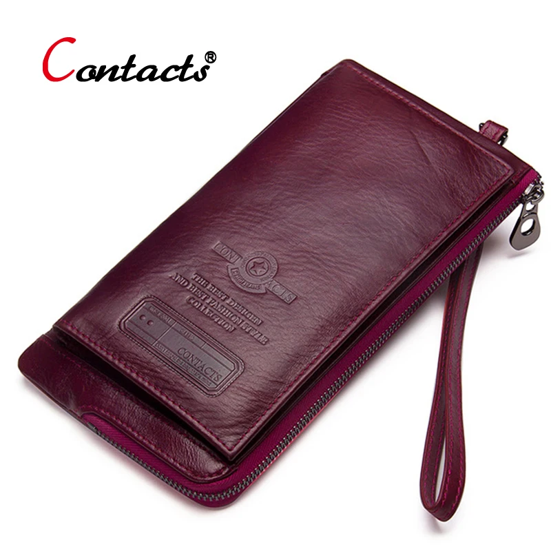 

Contact's Women Wallet Genuine Leather Wallet Female Luxury Clutch Coin Purse Card Holder Phone Money Bag Long Ladies Wallet Red