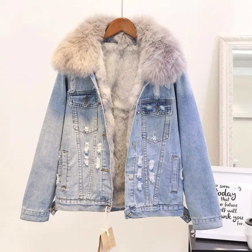 

Winter Fashion Women Warm Coat Natural Fox Fur Collar+Real Rabbit Hair Liner Denim Jacket Female Thicken Loose Fur Outwear L1784