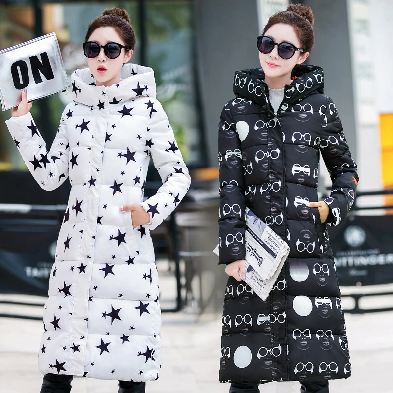 

Woman Winter Jacket Coat 2018 Fashion Parka Cotton Padded Print Jacket Long Hoode Slim Parkas Plus Size Thicken Female Outerwear