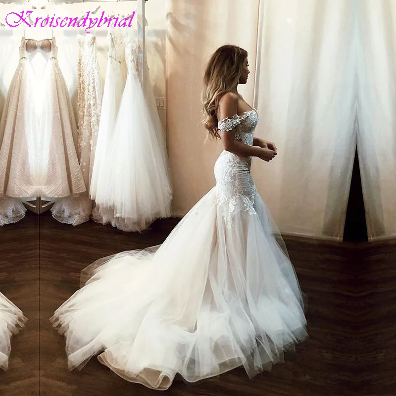 

DZW152 2019 Sexy Open Back Vintage Lace Wedding Dress Mermaid Off the Shoulder Illusion Applique Tulle Bridal Dresses
