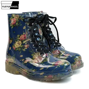 

2019 Women's Rain Boots Spring Winter Round Toe Rubber Shoes Floral Leopard Lace-Up Boots Woman Big Size 36-40