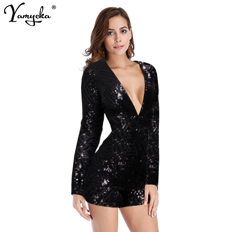 2019 New Summer Deep V Neck Long Sleeve Rompers Women Sequin Jumpsuit Sexy Short Club Party Bodycon Jumpsuits Playsuit