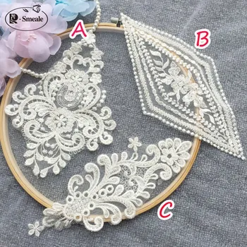 

4pcs French Lace Handmade Beads 3D Wedding Dress Applique DIY Bridal Headdress Ivory White Lace Collar Lace Fabric Patch RS1981