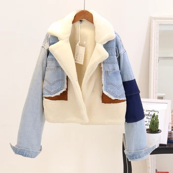 

2018 Autumn Winter Women Fashion Fur Jeans Jackets Lamb Denim Patchwork Woolen Parka Coats Coloful Outerwear