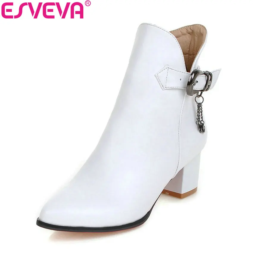 

ESVEVA 2019 Women Shoes Buckle Pointed Toe PU Leather Square High Heel Ankle Boots Winter Boots Zip Boots for Women Size 34-43