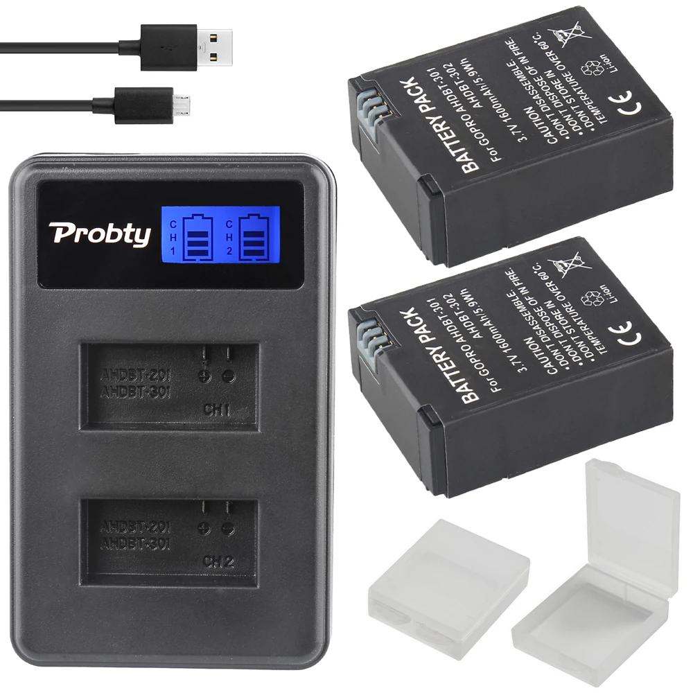 

PROBTY 2Pcs 1600mAh AHDBT-301 GoPro Hero3 Battery + LCD Dual Charger For GoPro Hero 3 Hero 3+ Camera Accessories