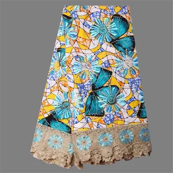 

Fashionable embroidery African real print cotton wax lace fabric with cord lace and beads for lady dress WLF128(6yards/lot)