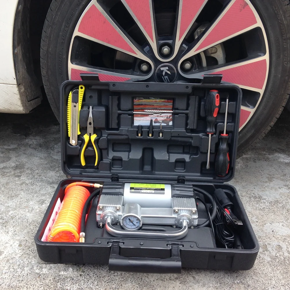 Beste Groothandel Goede Kwaliteit Opblaasbare Pomp met Band Reparatie Tool Auto Luchtcompressor 12 V met Toolbox Twin Cilinder Metalen Pomp