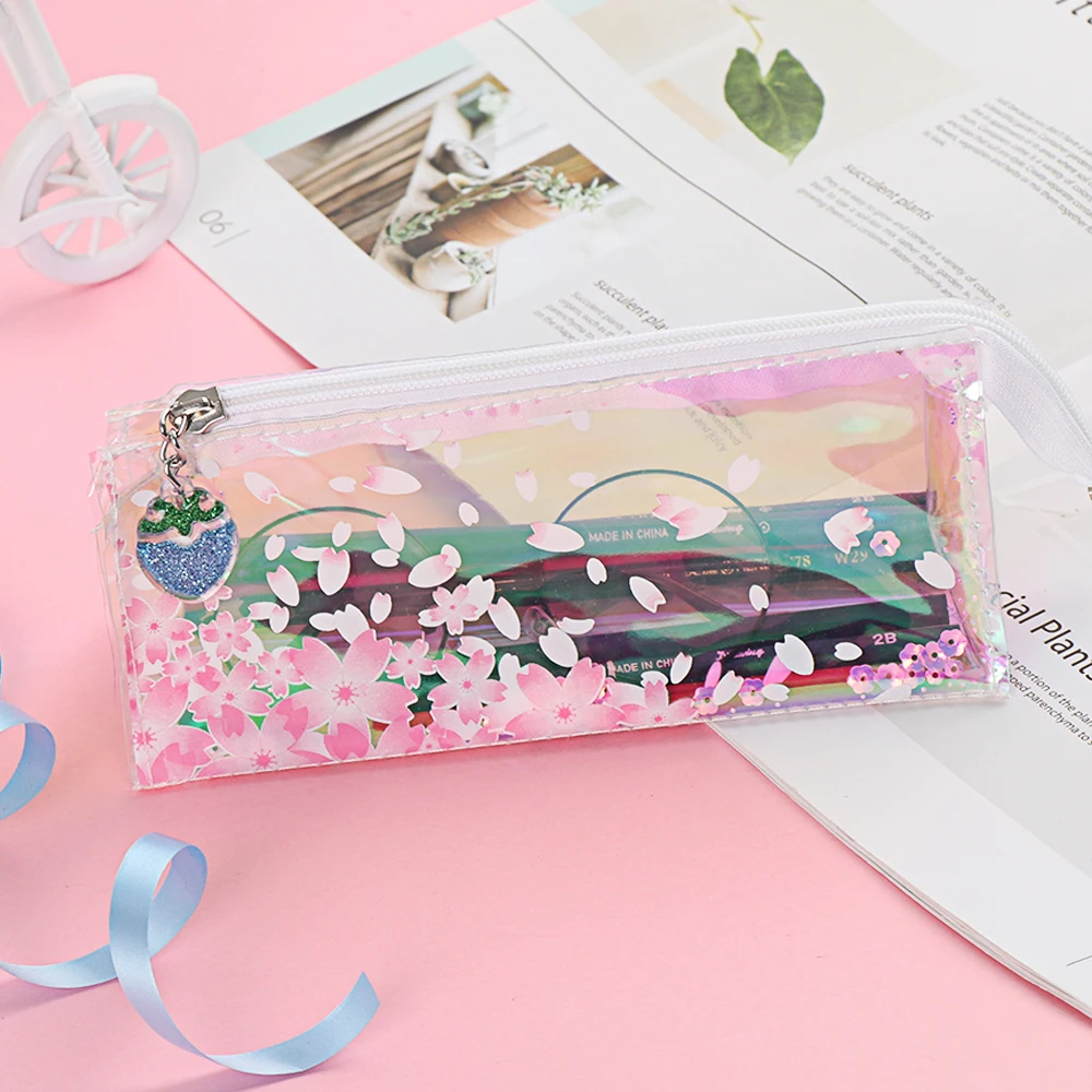 

1PC Fashion Makeup Bag Women Cherry PVC Laser Sakura Glitter Handbag Stationery Storage Organizer Bag Cosmetic Bag Makeup Pouch