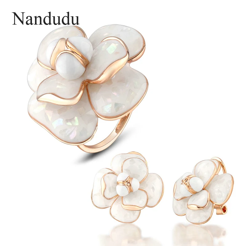 Nandudu Blooming Flower font b Ring b font Earrings Jewelry Sets 18k Gold Plated Women Female