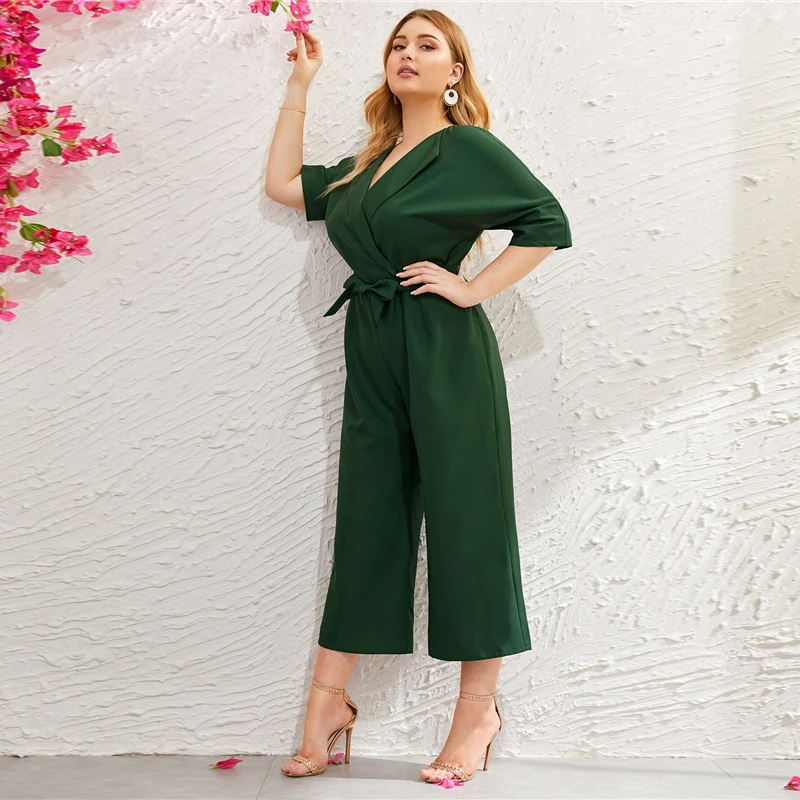 Sheinside Plus Size Green V Neck Wide Leg Jumpsuit Women Summer Zip Back Jumpsuits Office Ladies Solid Half Sleeve Jumpsuit