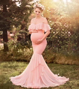 Vestido de maternidad de sirena para sesión de fotos de mujeres embarazadas, accesorios de fotografía sexys, maxivestido de maternidad con hombros descubiertos 1