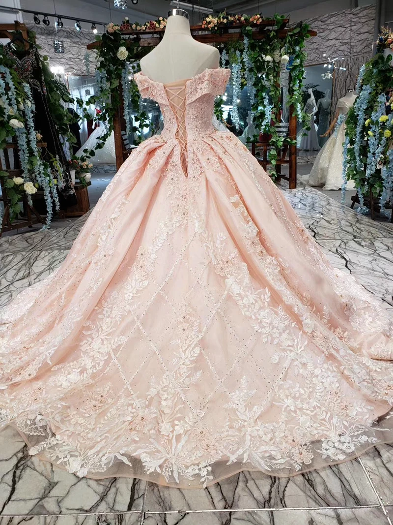 HTL154-2 pink bride dress party brush train off shoulder sweetheart crystal lace evening gown dresses kleider damen abendkleid (3)