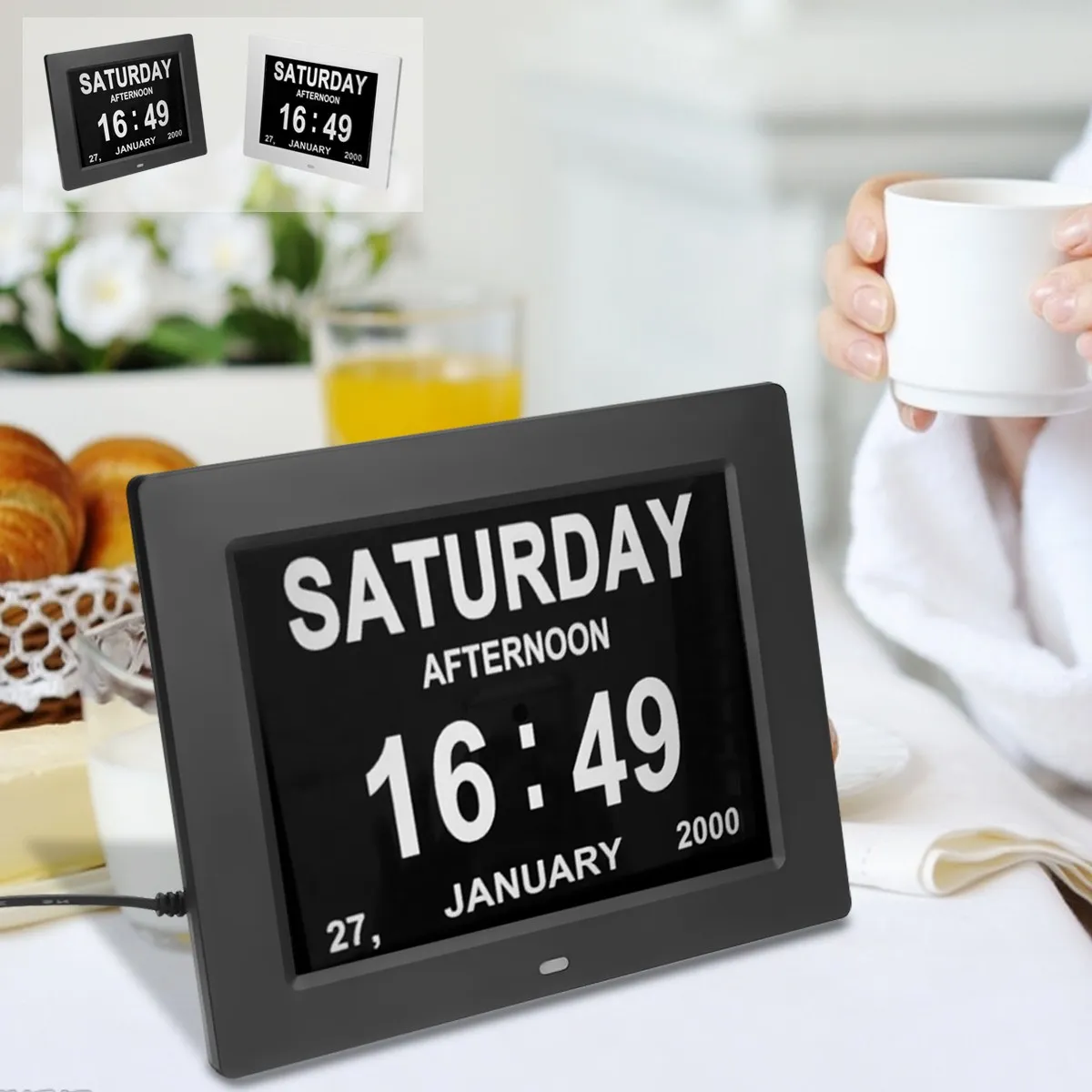 

8'' Digital Alarm Clock Wall Calendar Clock LCD Display Time Day Photo Frame Black/White Multi-function Day/Week/Month/Year