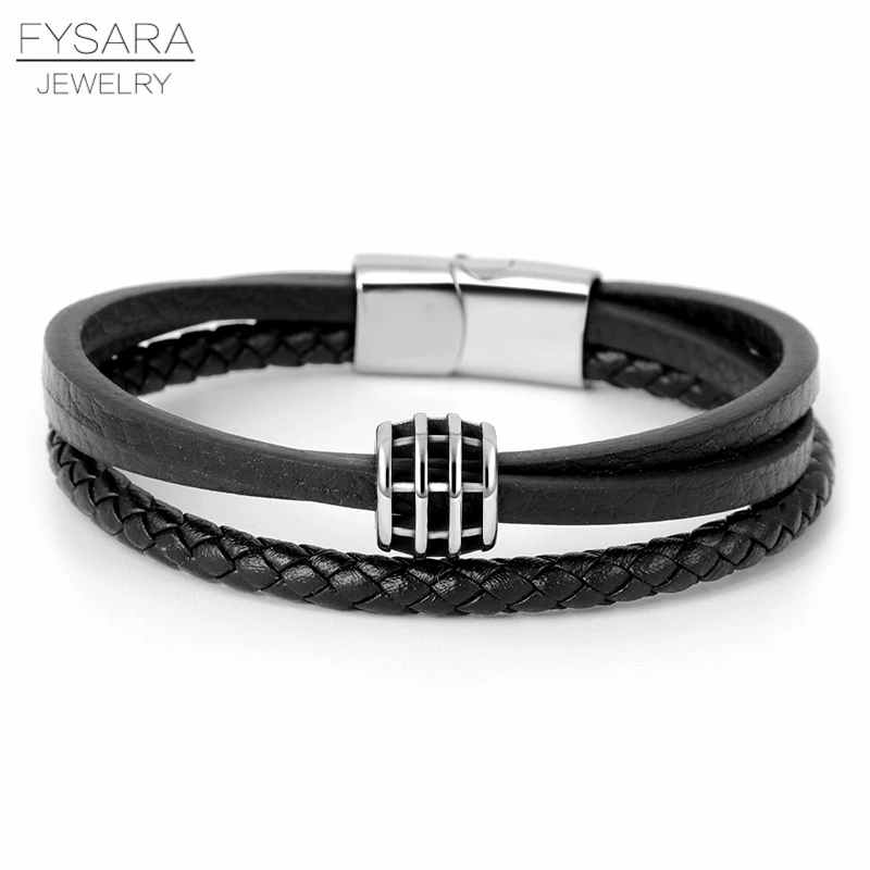 

FYSARA Fashion Male Jewelry Bracelet Multilayer Braid Leather Rope Chain Stainless Steel Magnetic Clasp WristBand Male Jewelry