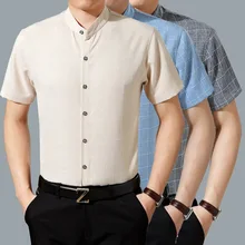 Свободный воротник клетчатая тонкая летняя одежда среднего возраста короткий рукав мужская хлопковая льняная повседневная супер большая мужская рубашка Размер 4XL 4XL