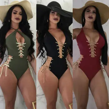 

Summer Green Black Wine Red Sexy Womens Ribbons One Piece Swimwear Monokini Push Up Bikini Bathing