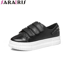 SARAIRIS/ натуральная кожаный крючок на застежке-липучке, круглый носок черный, Белый Цвет Женская обувь Повседневное сезон: весна–лето Туфли без каблуков Размер 34–39