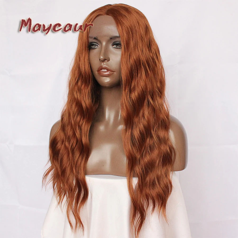 Maycaur длинные #30 коричневый воды Волнистые Искусственные парики средняя часть Glueless термостойкие синтетические волосы на кружеве