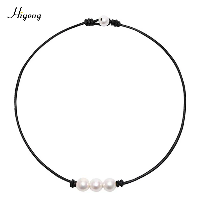 

HIYONG New Fashion White 3 Cultured Freshwater Pearls Choker Necklace on Genuine Leather Cord Knotted Necklace Handmade Jewelry