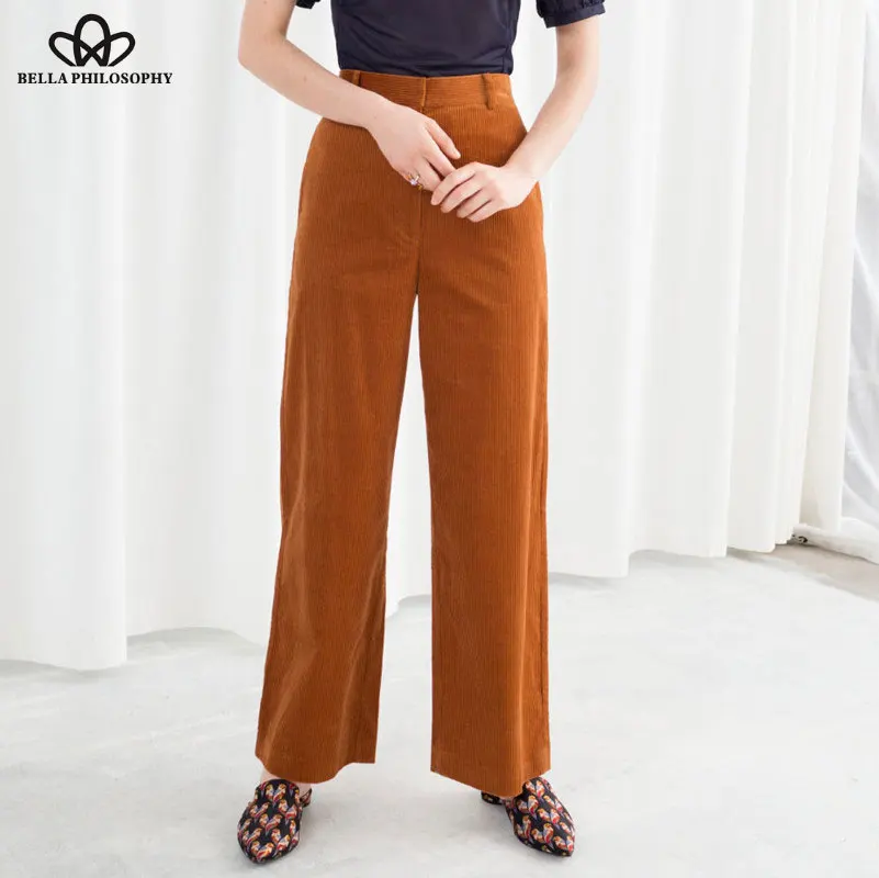 Bella Philosophy/осенне-зимние вельветовые широкие брюки офисные брюки повседневные однотонные женские брюки на плоской подошве уличная женская одежда - Цвет: Коричневый