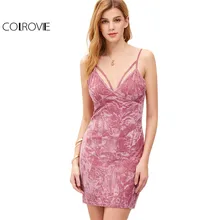 Colrovie Европейская мода дамы рукавов Bodycon платье-комбинация розовый Strappy Глубокий V Средства ухода за кожей Шеи Crushed Velvet Cami платье