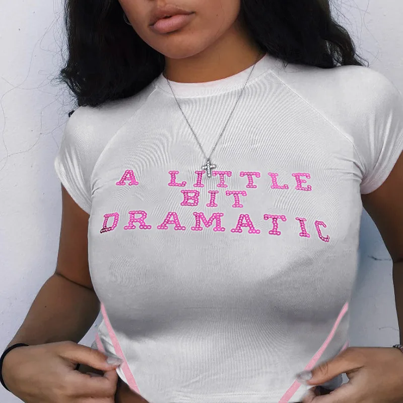 

Women White Short T shirts A LITTLE BIT DRAMATIC Letters Print Short Sleeve Striped Femme T-shirt Sexy Cropped Top Tee