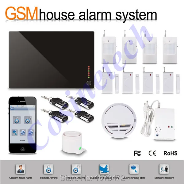 

IOS&Android APP controlled home secure GSM alarm system,GSM 850/900/1800/1900Mhz with gas sensor,smoke detector fire alarm