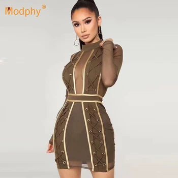 

2019 new chic army green bandage mini dress long-sleeved mesh stitching dress Bodycon Vestidos celebrity party club dress
